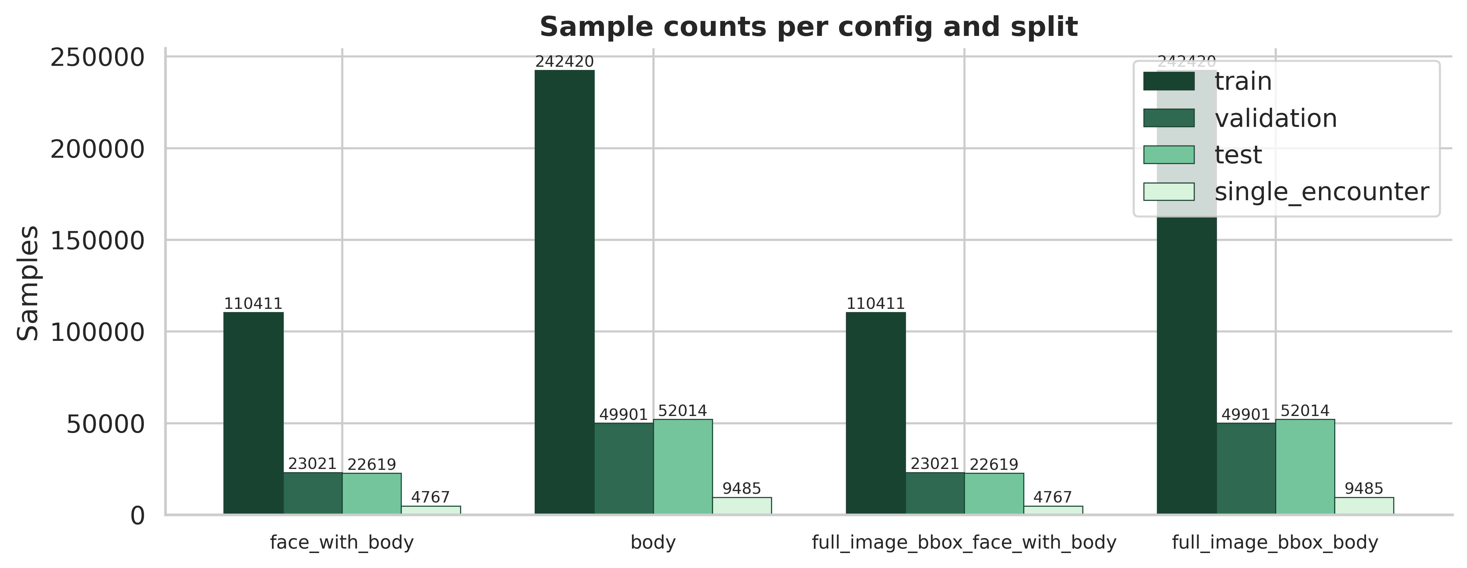 Sample counts per split and config
